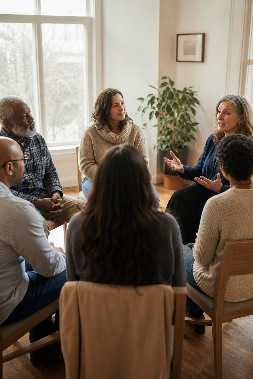 Adults sharing a conversation in a warm community circle